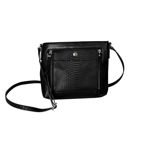 Nine West Women's Neala Crossbody Handbag Black Leather Snakeskin Medium Purse - Picture 1 of 15